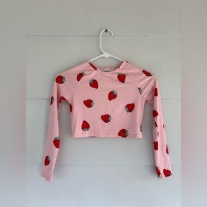SHEIN Girls 8Y Pink Kawaii Strawberry Print Crop Top Long Sleeve Stretch Summer